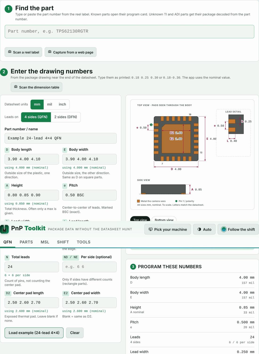 Screenshot: From datasheet to the dozen numbers you program