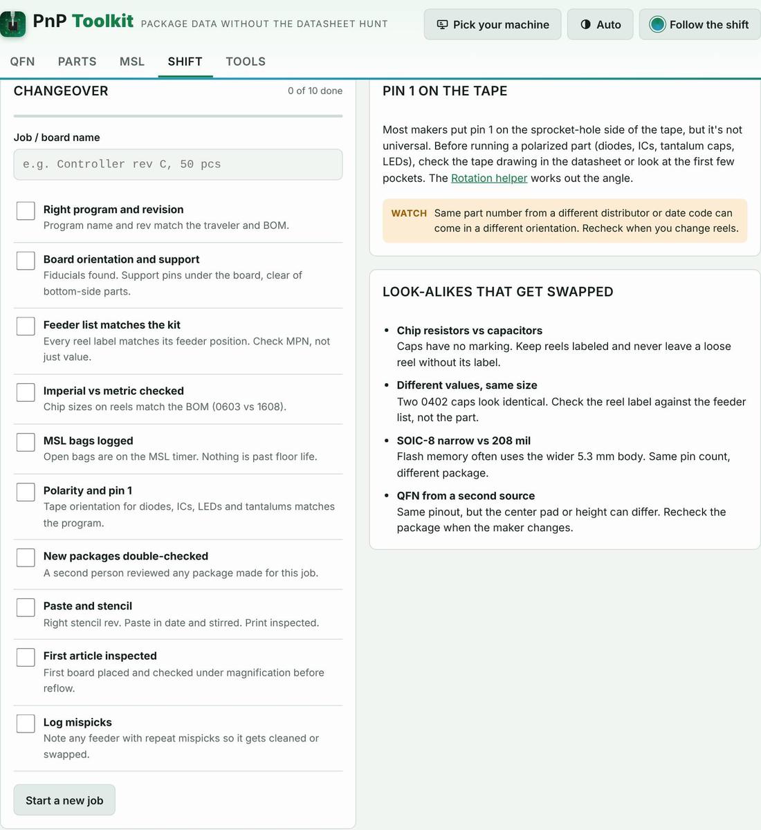 Job setup checklist screen in PnP Toolkit