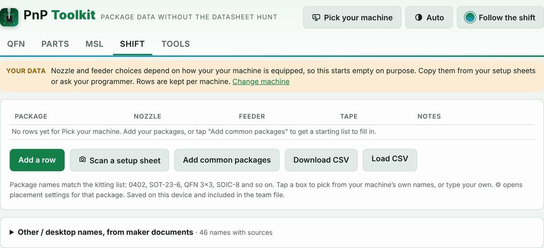 Machine setup sheet screen in PnP Toolkit