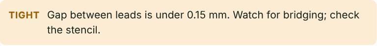 Screenshot: Leads tight enough to bridge get a warning