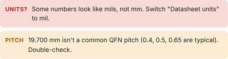 Screenshot: Mils typed as millimeters get a warning