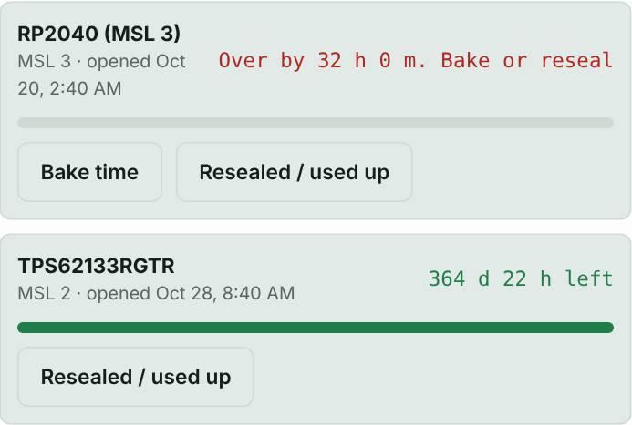 Screenshot: Open bags count down and show bake time